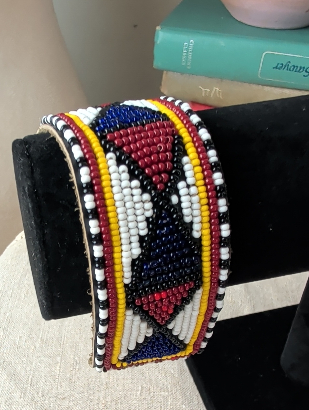 Southwestern Beaded Leather Cuff Bracelet Aztec Style Geometric Pattern